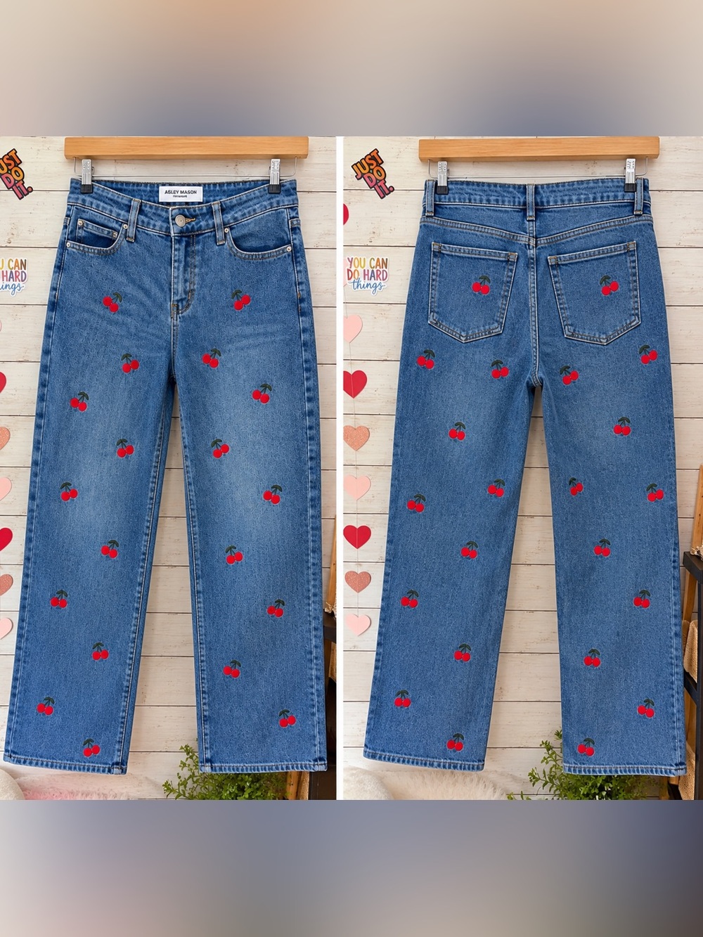 Ashley Mason Blue High-Rise Jeans with Cherry Embroidery